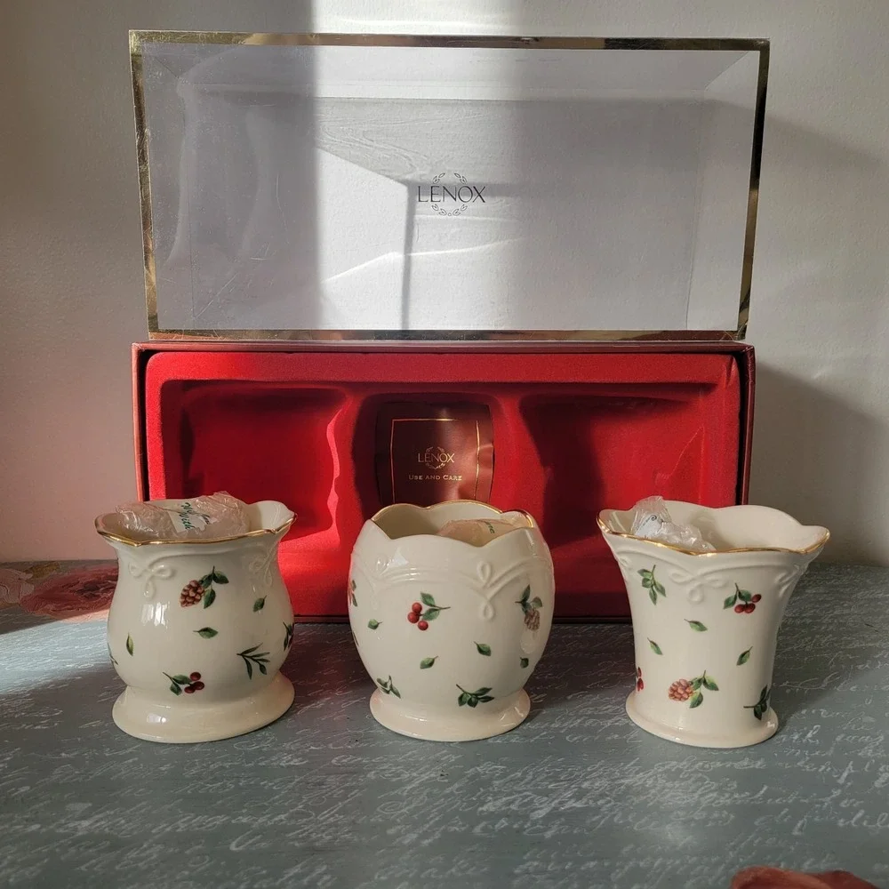 Lenox Holiday Votives Set of 3 Holly Leaves & Berries Christmas Seasonal Classic